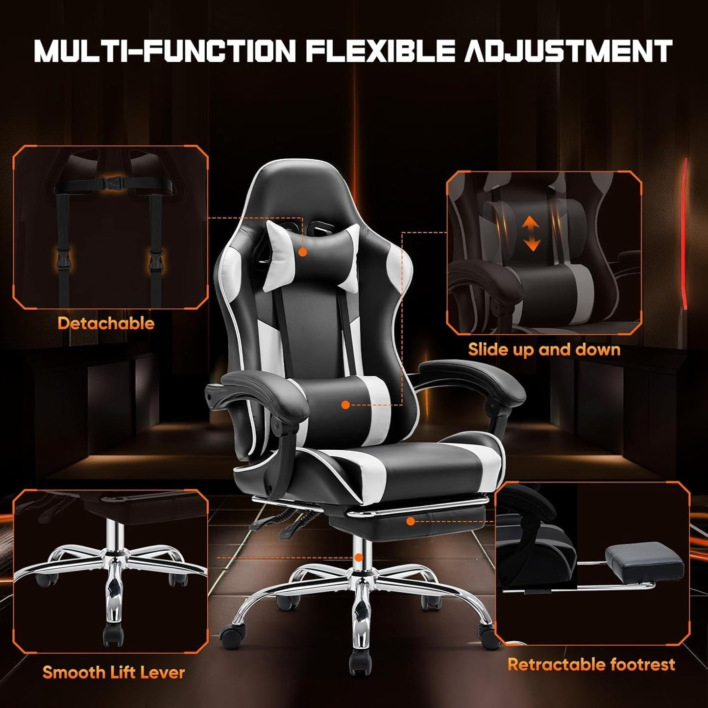 Video Game Desk Chair - Ergonomic Computer with Footrest and Comfy