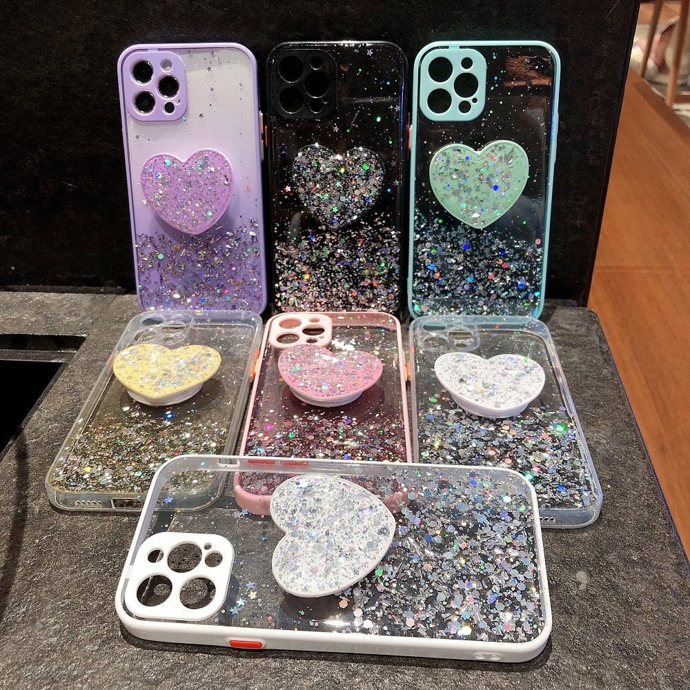 Buy 1 Get 1 Free Sequins Glitter Case with Love Stand for iPhone