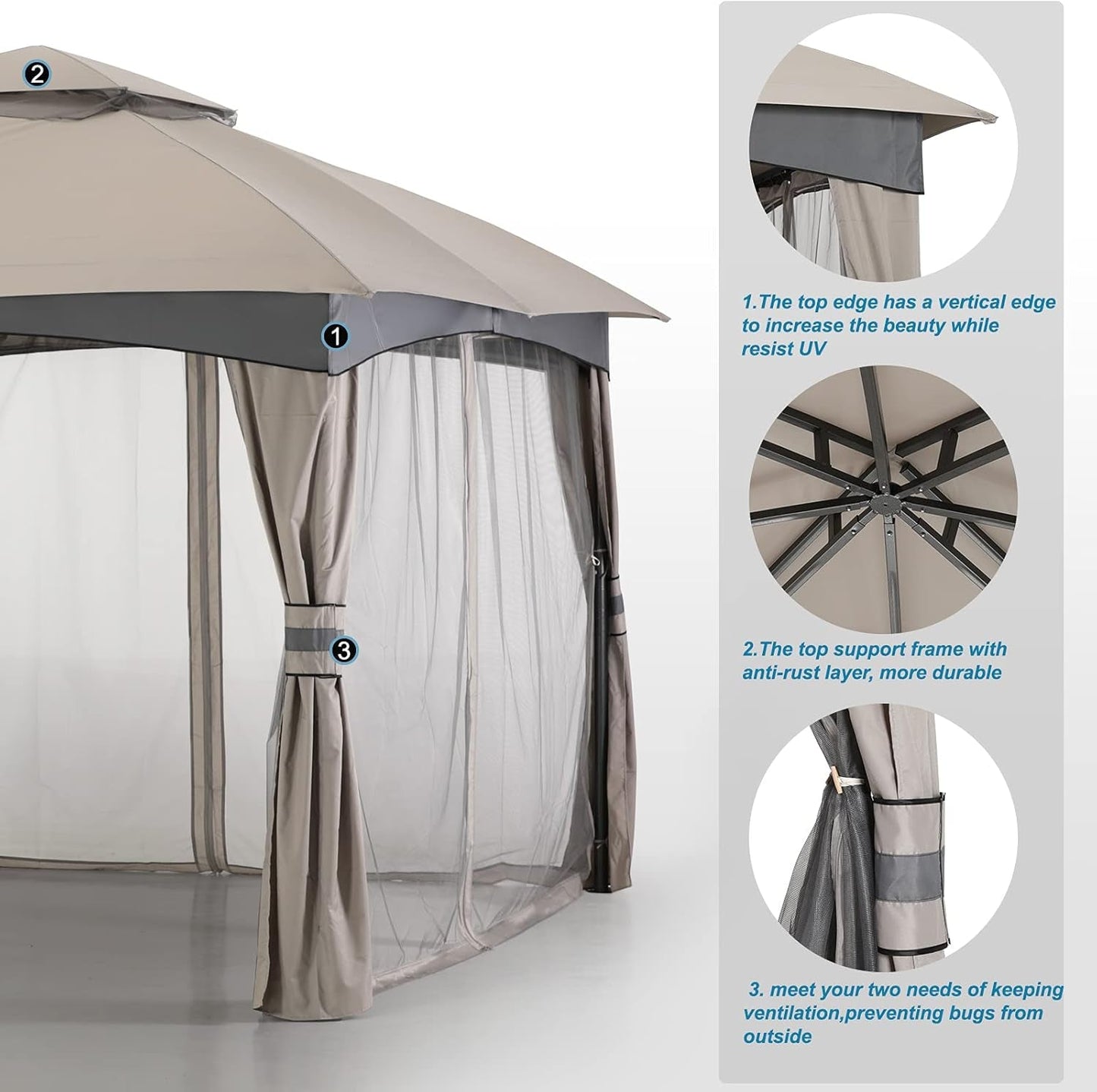 Outdoor Patio Gazebo for Garden with Upgrade Steel Frame and Netting